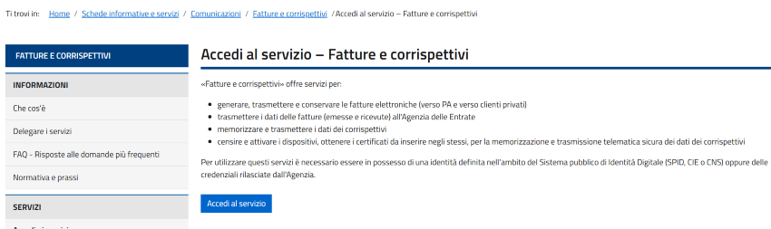 Acc&eacute;der au service Factures et Corrispettivi